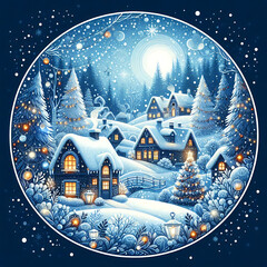 A snowy winter village scene with cozy cottages and twinkling lights makes for a magical Christmas ornament design. Vibrant blues and whites add a frosty, festive touch.