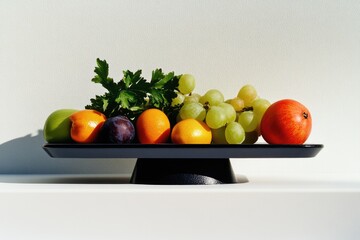 A black tray with fruit and green leaves