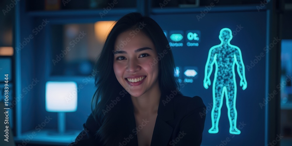 Poster smiling woman in virtual space with ai visualization