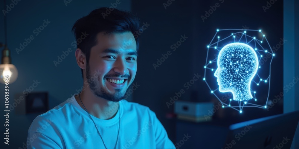 Poster smiling man with virtual ai brain concept