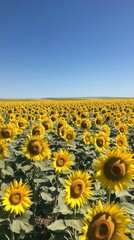 Obraz premium A vast field of vibrant sunflowers under a clear blue sky during a sunny afternoon in a rural landscape