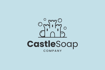 Minimal line art castle with bubbles on soft blue background