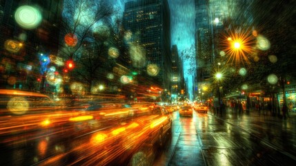 Obraz premium Cityscape with Bokeh Lights and Rain Urban Night Scene Abstract Background