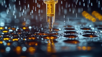 Macro Shot of Pipette Dispenser Tip Filling Wells on Microplate for Immunoassay - Detailed Laboratory Equipment in Action