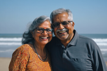 An elderly Indian couple smiling in glasses against the backdrop of a seaside landscape.
