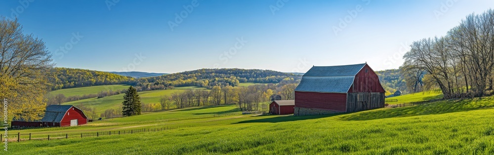 Aufkleber a serene view of rolling green hills with red barns under a clear blue sky during a sunny day in the