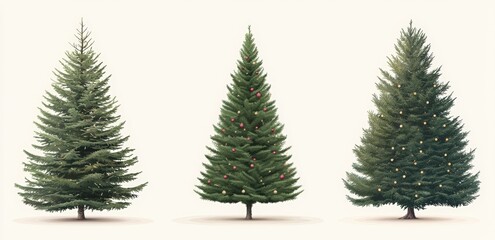 A set of four Christmas trees with lights and ornaments. Happy New Year.