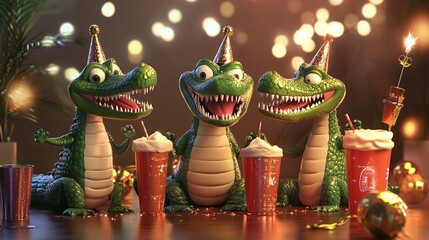 Fototapeta premium 3D Fun Crocodiles Celebrating at New Year's Party