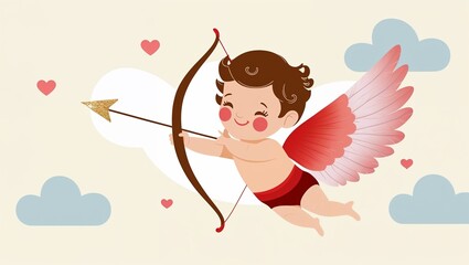 Cute baby Cupid with wings and heart arrow, playful and bright