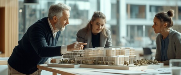 A senior architect discusses a building model with two younger colleagues.