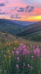 Fototapeta premium Stunning sunset over Vail Valley with vibrant wildflowers blooming in the foreground and mountains in the distance