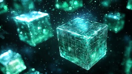 Abstract Futuristic Digital Cubes with Neon Glow and Particle Effects