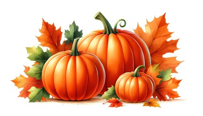Naklejka premium A watercolor painting of three bright orange pumpkins with green stems, surrounded by colorful autumn leaves.
