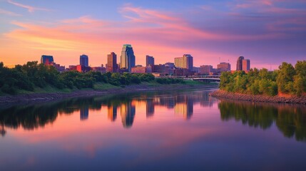 Stunning view of the Kansas City skyline reflecting on the water during a vibrant sunset with colorful clouds