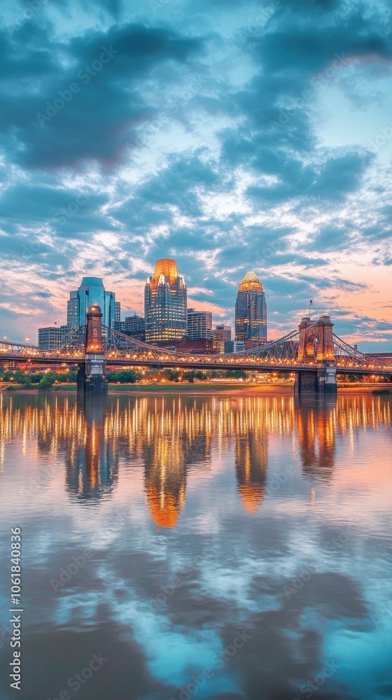 Poster a stunning sunset view of the cincinnati skyline reflecting on the water with vibrant clouds creatin