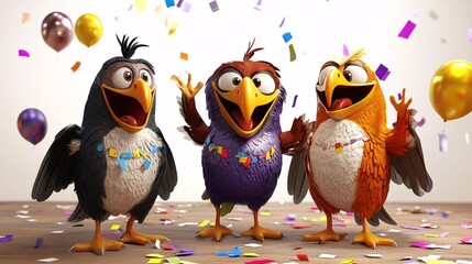 Obraz premium 3D Colorful Cartoon Hawks Celebrating New Year's Party