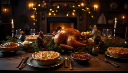 Fototapeta premium Rustic Christmas dinner, wooden table, roasted turkey, homemade pies, pine cones and berries as centerpieces, candlelit, cozy farmhouse