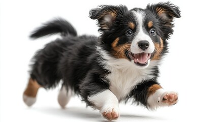 Obraz premium Playful Border Collie Puppy Running on White Background - Energetic and Adorable, Perfect for Pet and Animal Photography