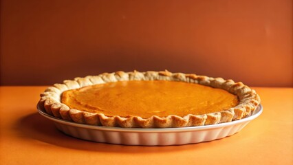 A freshly baked pumpkin pie with a golden crust resting on a vibrant orange surface, inviting a taste of autumn's warmth.