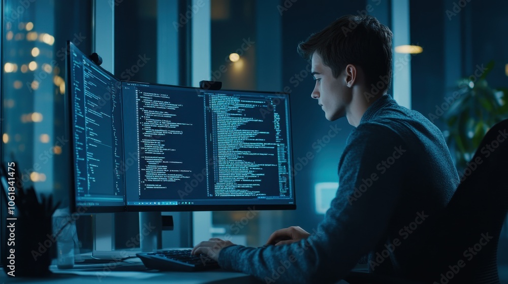 Poster a young man programming late at night in a modern office with multiple monitors displaying code in a