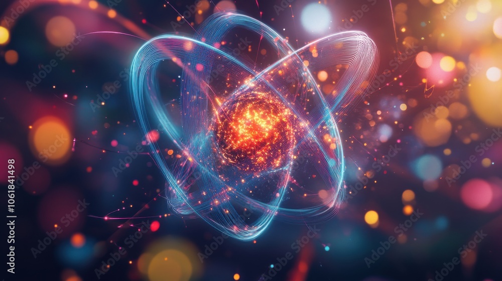 Poster An abstract artistic representation of atomic structures illuminated by colorful light in a cosmic environment