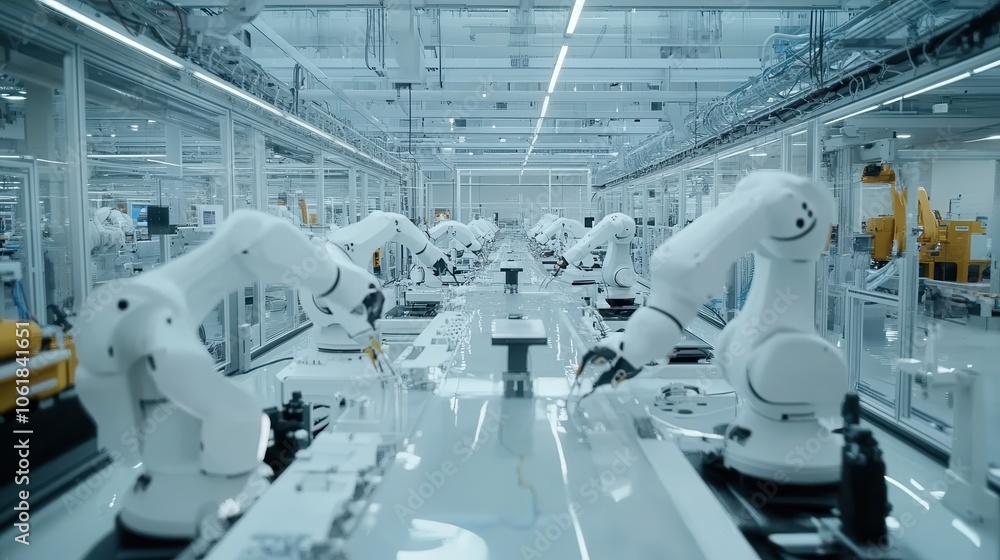 Poster a modern automated factory in the european union showcasing robotic arms in assembly during daylight