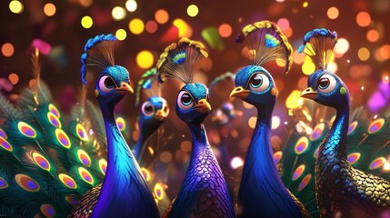 Colorful 3D Cartoon Peacocks at New Year's Party