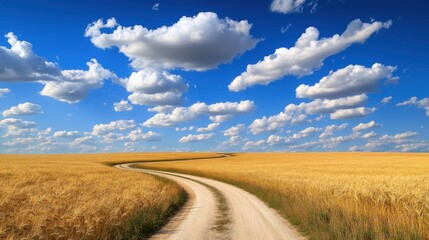 Fototapeta premium A winding dirt road meanders through golden wheat fields under a vibrant blue sky adorned with fluffy clouds