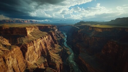 Aerial view of a historic bridge spanning a deep canyon with a river flowing below and dramatic cloud formations above at sunset