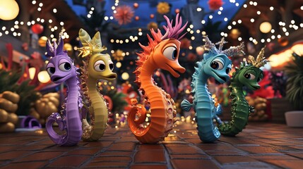 3D Colorful Seahorses Celebrate New Year’s Eve Festivities