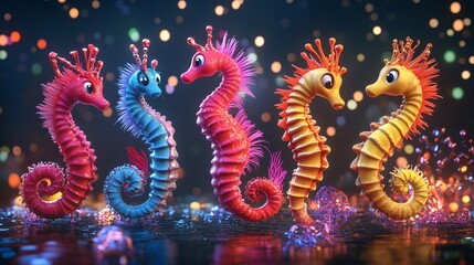 3D Colorful Seahorses Celebrate at a New Year’s Party