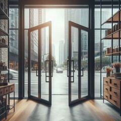 102 Store exit Focus on the glass doors with a view of the stree