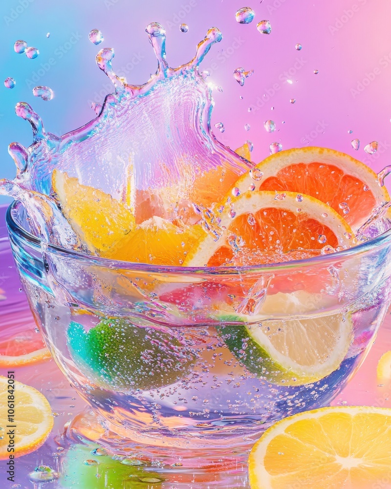 Aufkleber a burst of color showcases a water droplet splashing around vibrant citrus slices in a clear bowl