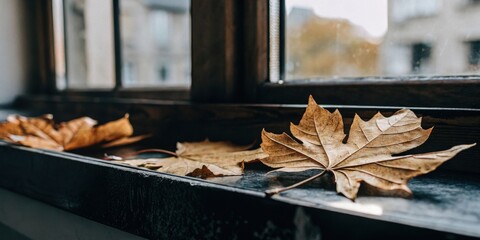 Autumn Leaves on Window Sill with City View