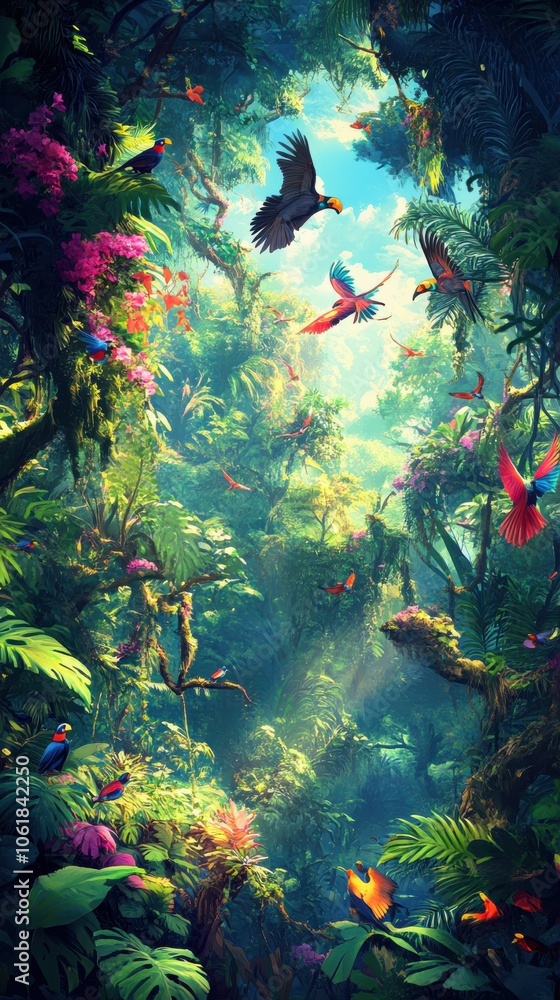 Poster monkeys play and explore in a vibrant jungle teeming with colorful birds and lush greenery during su