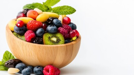 Fresh Fruit Salad in Wooden Bowl with Mint Garnish