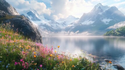 A serene alpine lake reflecting towering mountains with vibrant wildflowers in the foreground during a clear summer day