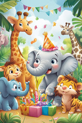 Obraz premium animal zoo concept celebration birthday background bright colors gifts, cake, balloons, confetti with birthday candles