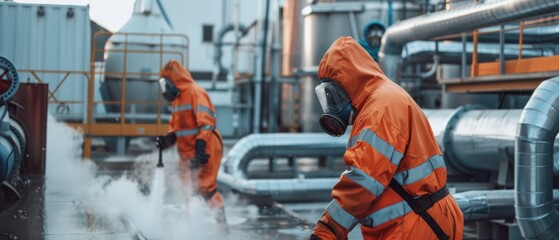 Two figures in orange hazmat suits spray water through a steam-filled industrial site, emphasizing safety and caution in hazardous conditions.
