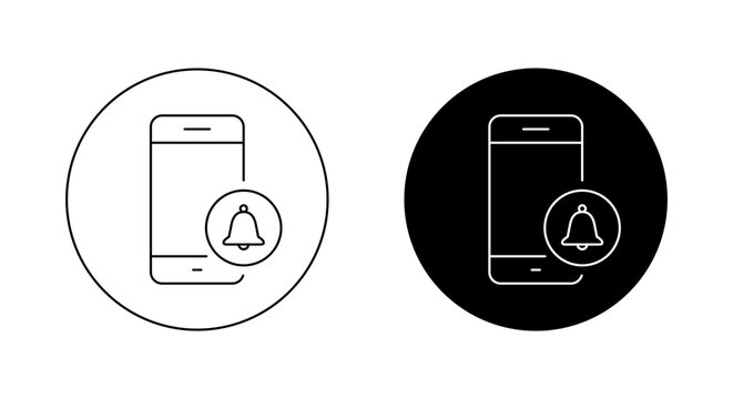 Mobile phone with bell icon on black circle. Cellphone notification sign symbol