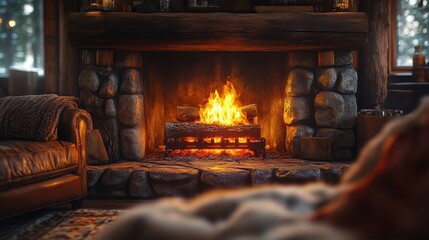 Rustic Warmth Cozy Fireplace Ambiance in Cabin Retreat