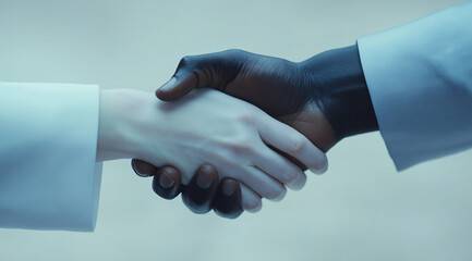 Close-up of two people shaking hands, one with white skin and the other with black skin, isolated on a clear background.