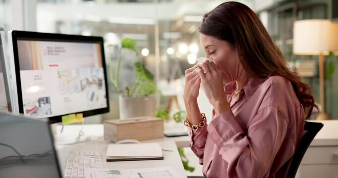 Sick woman, computer and blowing nose with tissue, sinus or allergy for flu, cold or sneeze at office desk. Frustrated, female person or ill employee with influenza, infection or virus for hayfever