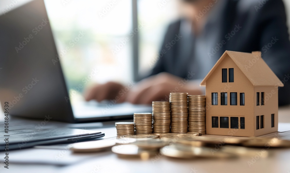 Poster a small house model sits in front of a stack of gold coins, symbolizing the cost of homeownership.