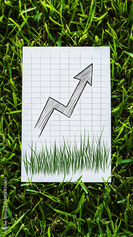 Poster graph paper with upward trend arrow on grass, symbolizing growth and business concepts