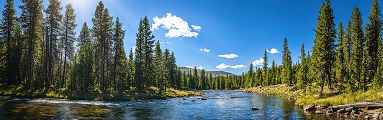 A tranquil afternoon in the Idaho Panhandle with clear waters flowing through lush green forests under a bright blue sky