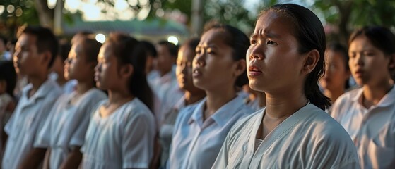 A group of children stands attentively outside, basking in the warm glow of twilight, evoking community and collective curiosity.