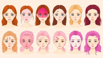 Skin Conditions and Blemishes   Female Faces Illustration Set