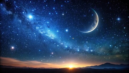 Naklejka premium A dark vast starry night sky with numerous stars and a bright crescent moon shining in the distance, galaxy, gravitational waves
