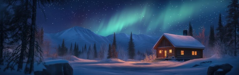 A captivating display of the Aurora Borealis illuminating a cozy cabin in a winter landscape under a starry night sky